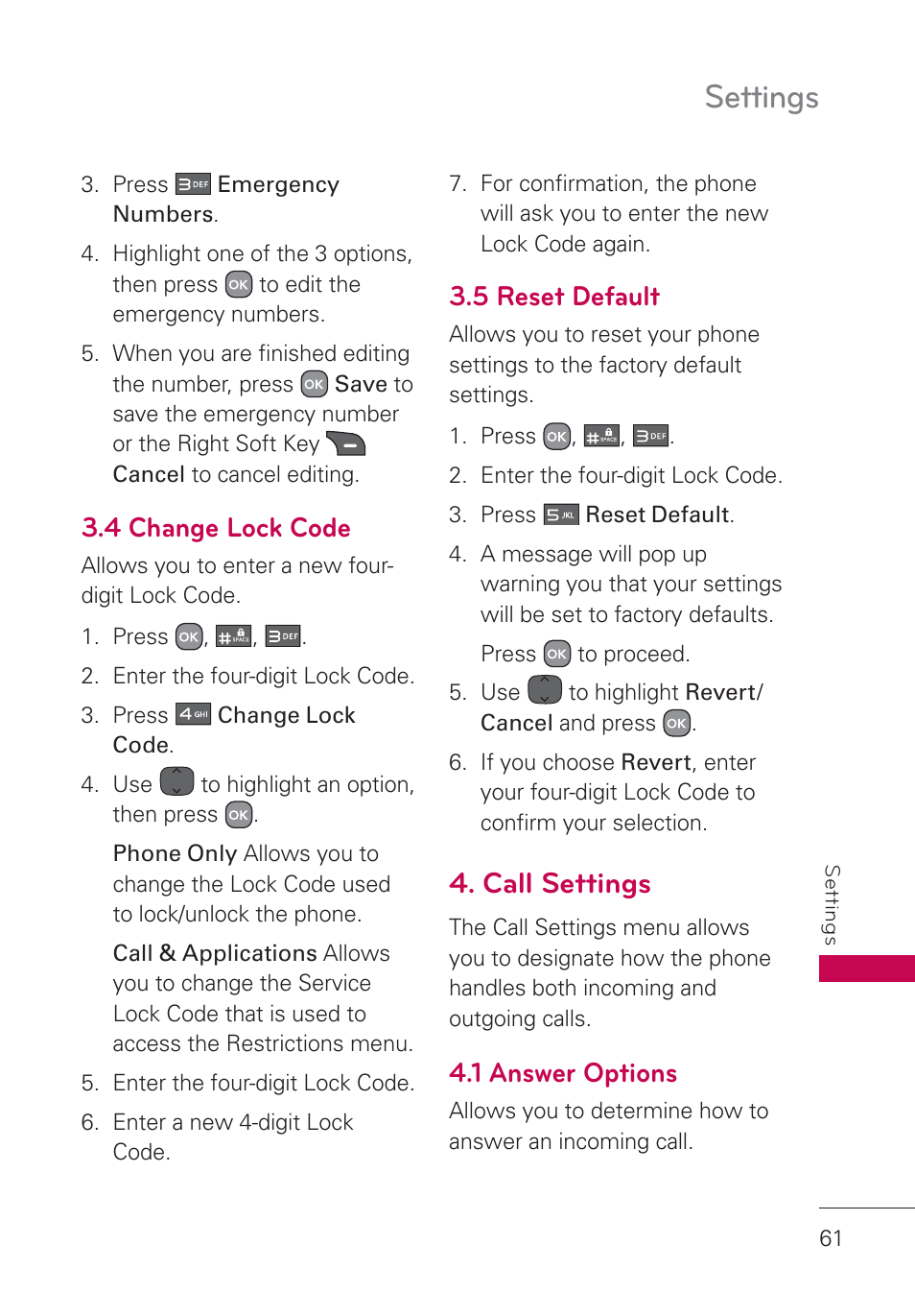 4 change lock code, 5 reset default, Call settings | 1 answer options, Settings | LG AN160 User Manual | Page 63 / 98