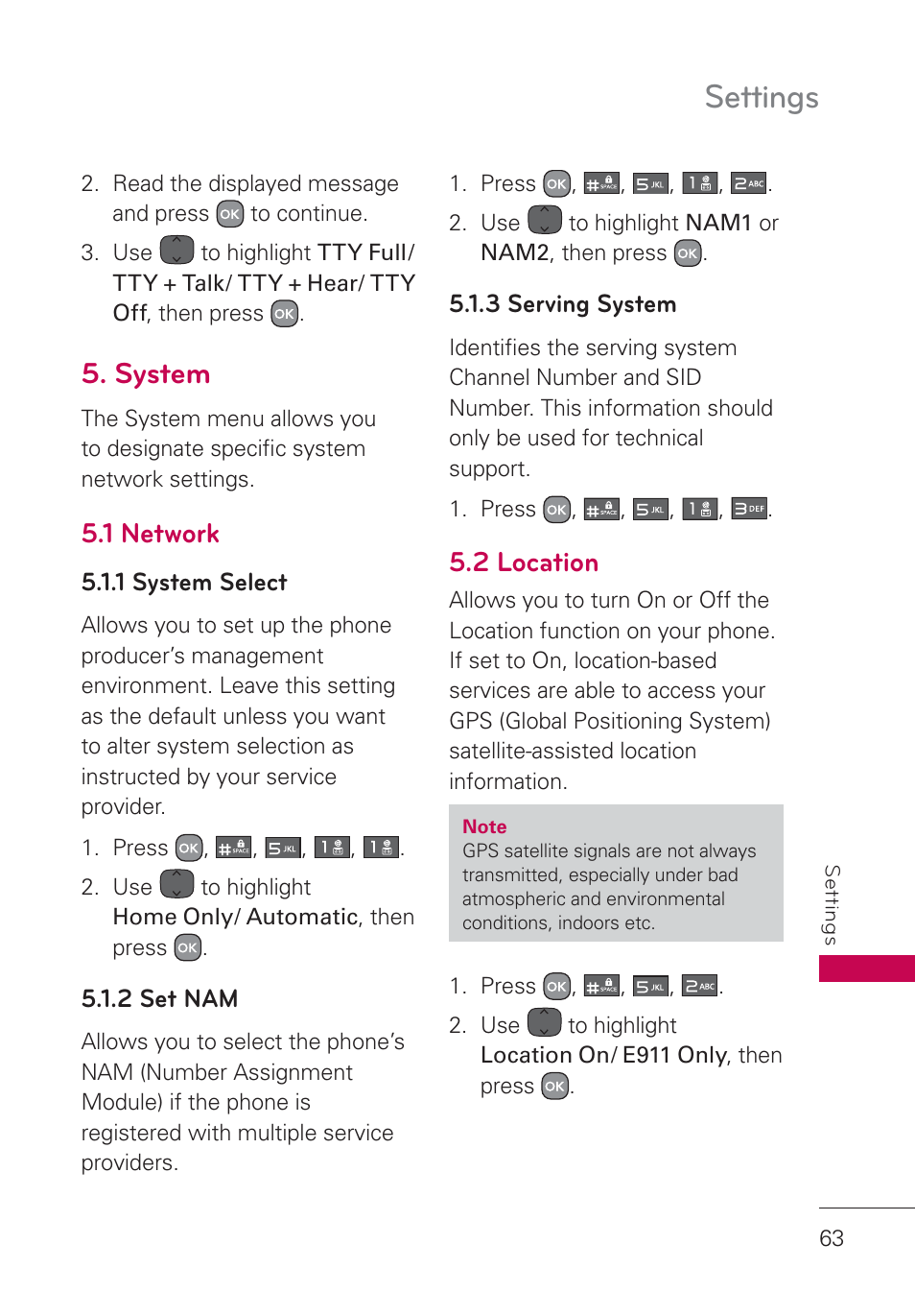 System, 1 network, 2 location | Settings | LG AN160 User Manual | Page 65 / 98