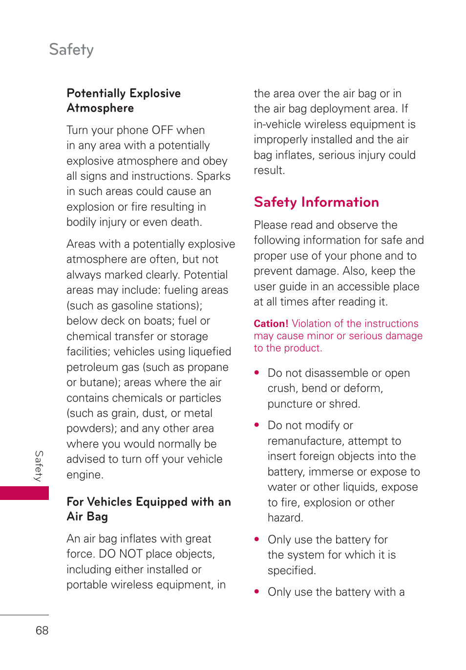 Potentially explosive atmosphere, For vehicles equipped with an air bag, Safety information | For vehicles equipped, With an air bag, Safety | LG AN160 User Manual | Page 70 / 98