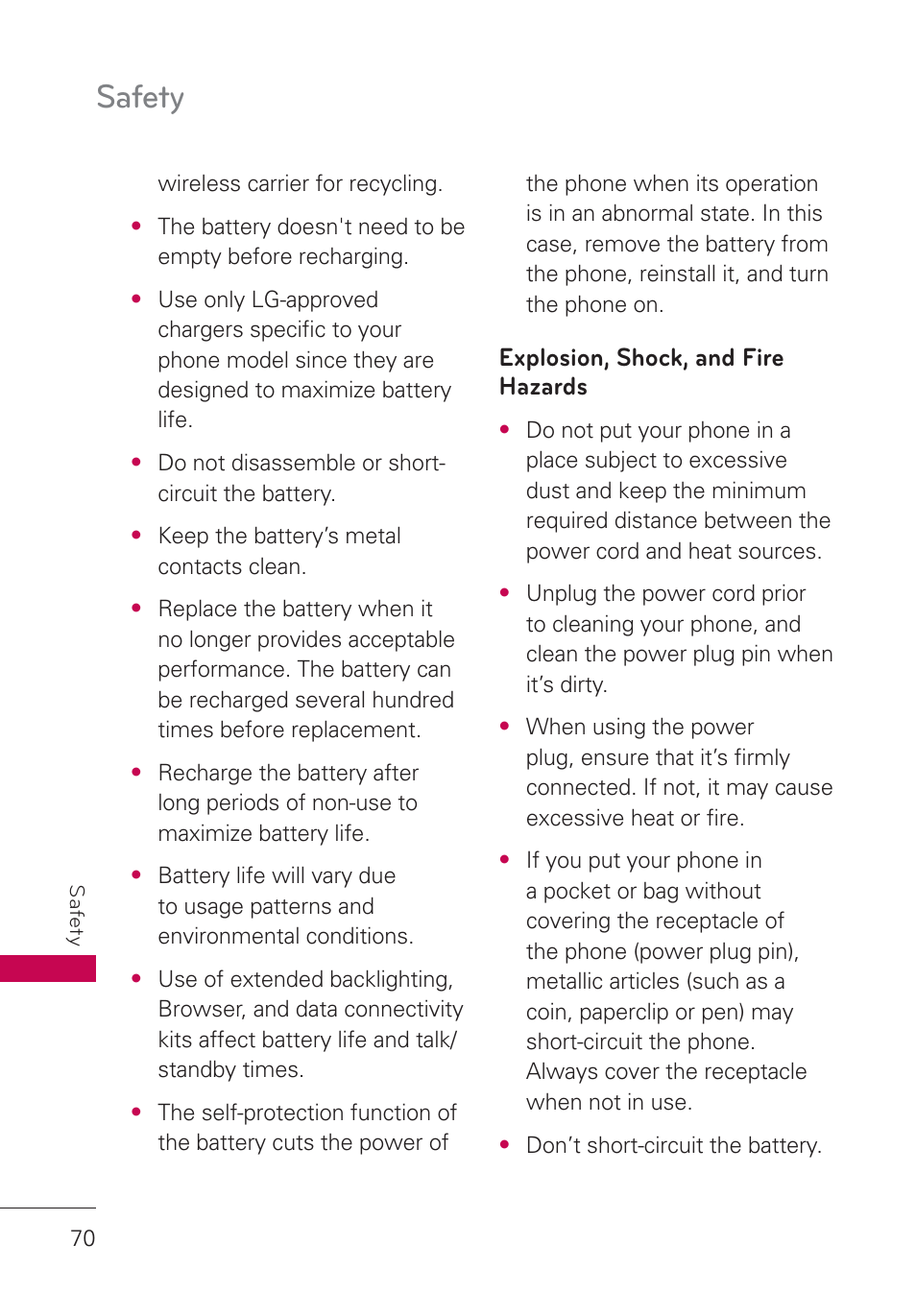 Explosion, shock, and fire hazards, Explosion, shock, and fire hazards 70, Safety | LG AN160 User Manual | Page 72 / 98