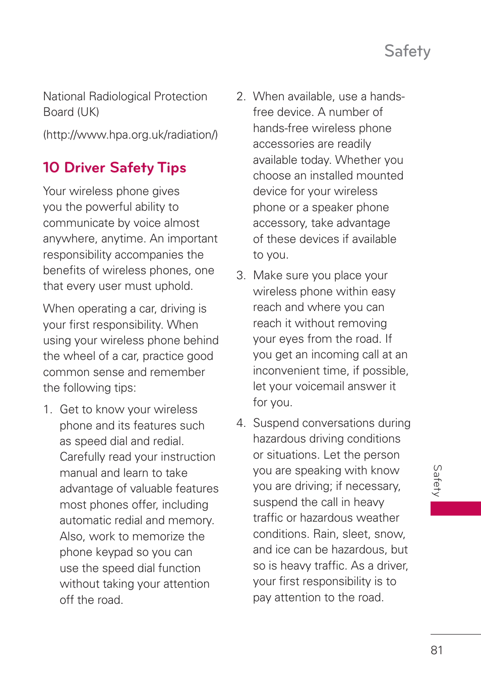 10 driver safety tips, Safety | LG AN160 User Manual | Page 83 / 98