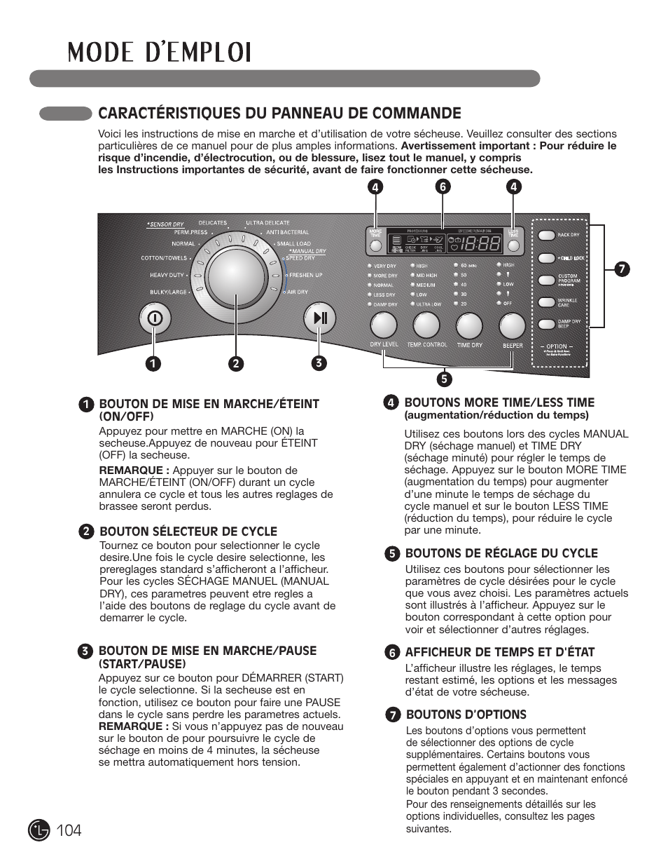 Caractéristiques du panneau de commande | LG DLE2701V User Manual | Page 104 / 120