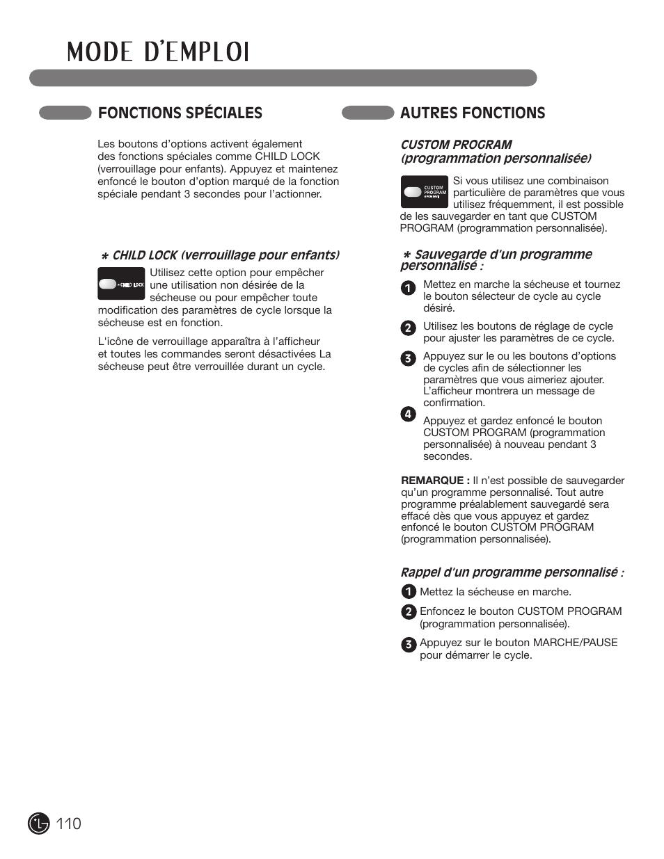 Fonctions spéciales, Autres fonctions | LG DLE2701V User Manual | Page 110 / 120