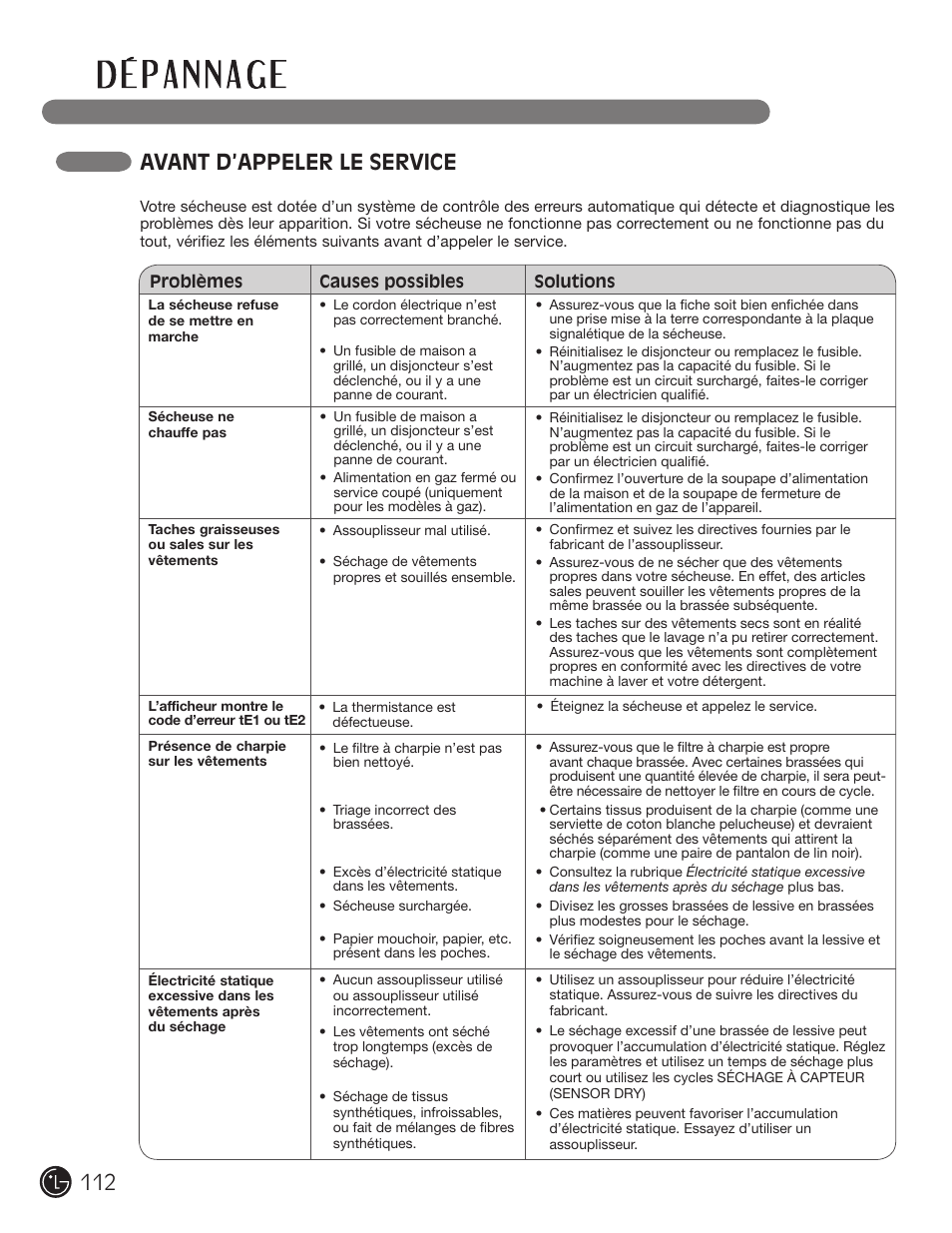 Avant d’appeler le service | LG DLE2701V User Manual | Page 112 / 120