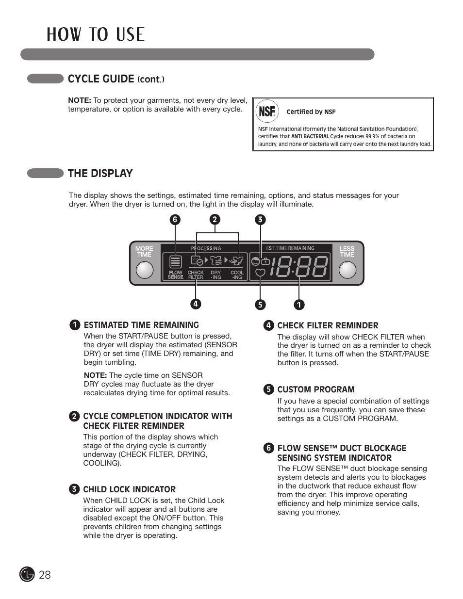 The display, Cycle guide | LG DLE2701V User Manual | Page 28 / 120