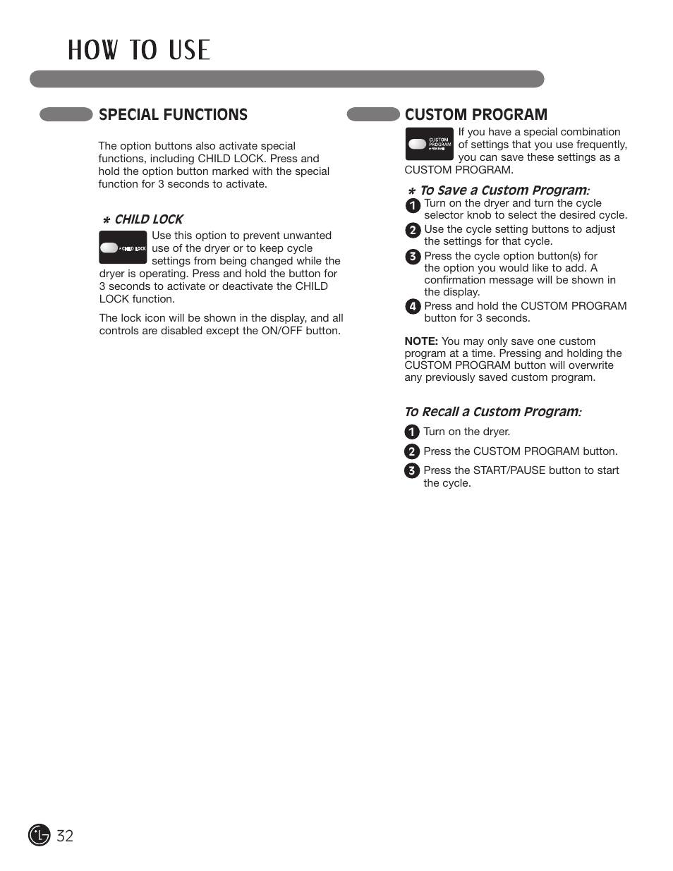 Special functions, Custom program | LG DLE2701V User Manual | Page 32 / 120