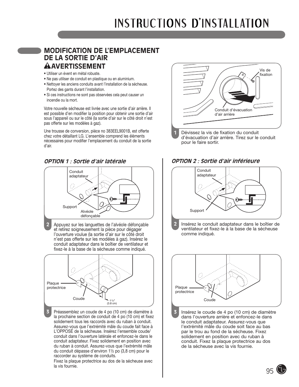 Modification de l’emplacement de la sortie d’air, Avertissement | LG DLE2701V User Manual | Page 95 / 120