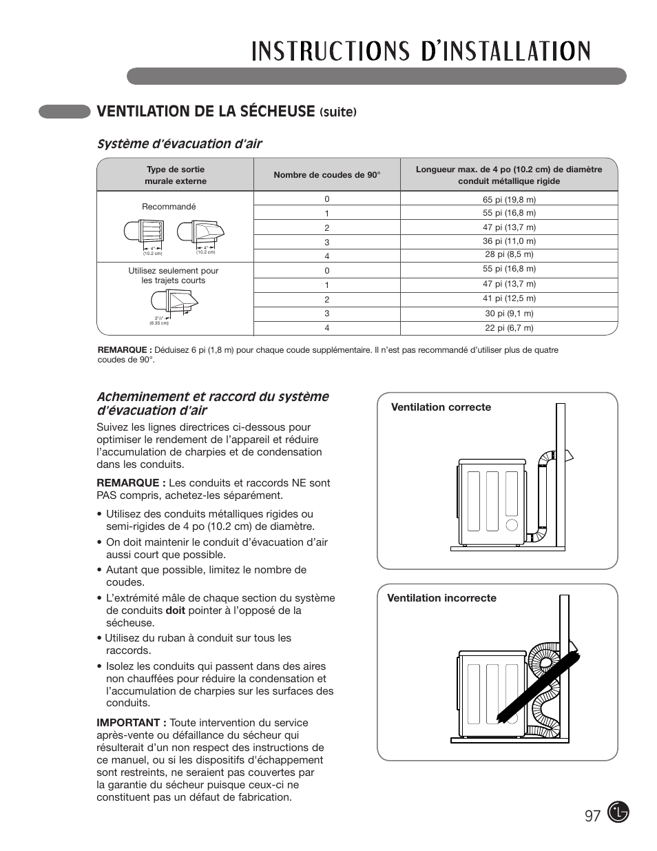 Ventilation de la sécheuse, Suite), Système d’évacuation d’air | LG DLE2701V User Manual | Page 97 / 120