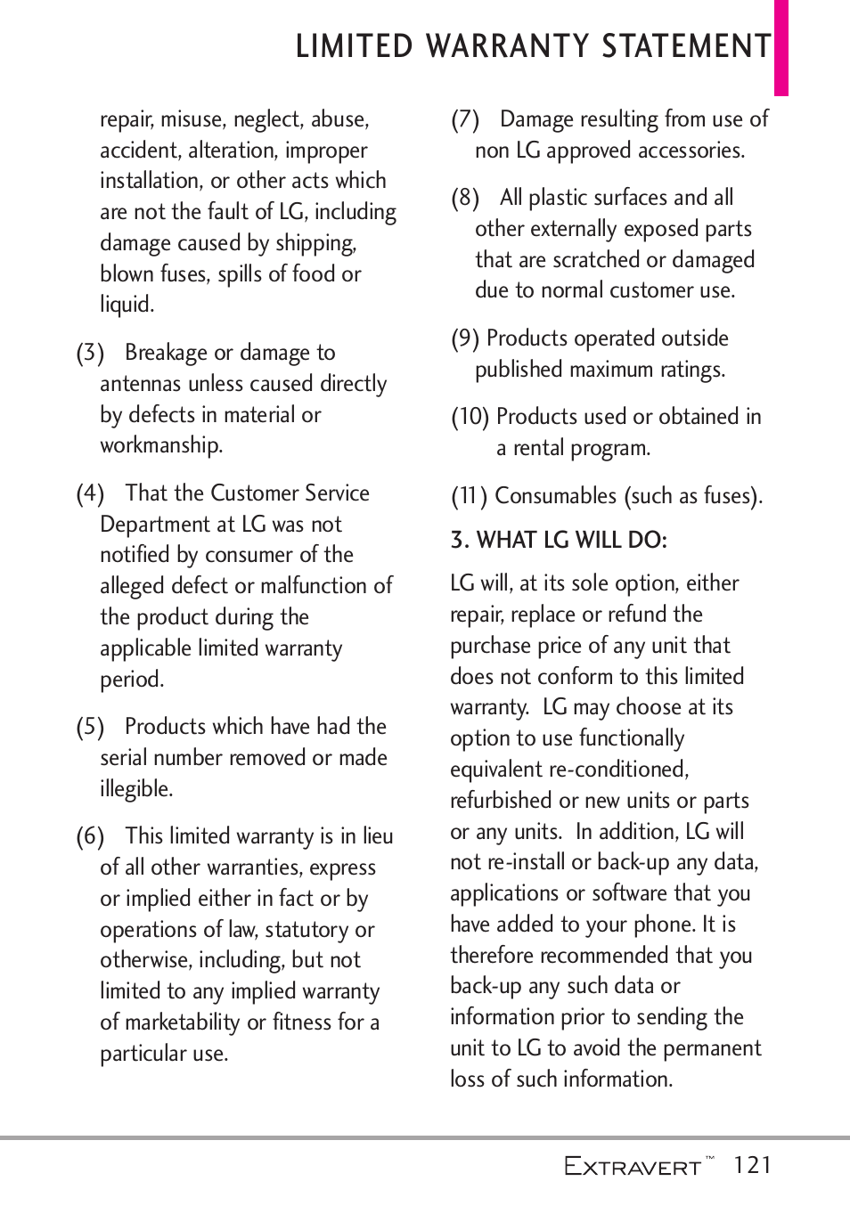 Limited warranty statement | LG VN271 User Manual | Page 123 / 270