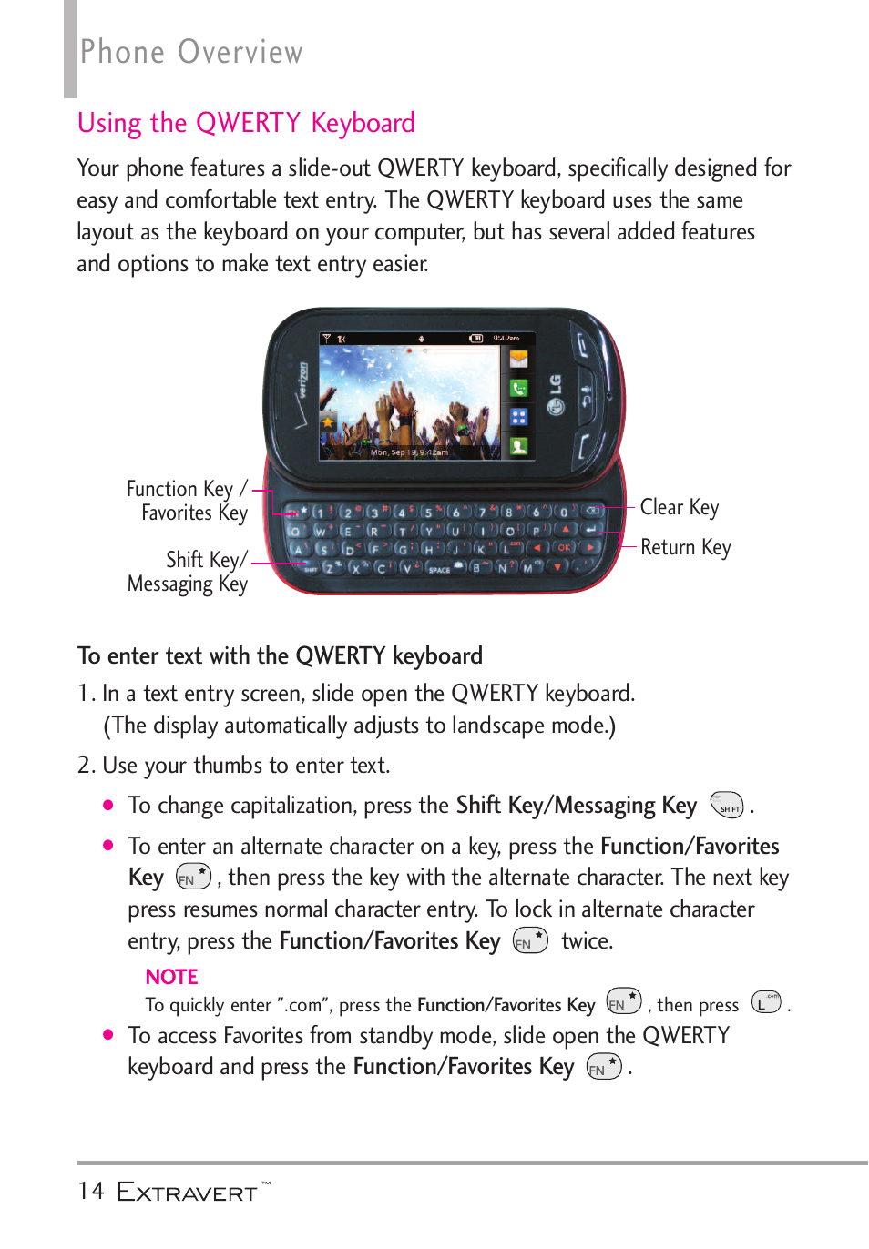 Phone overview, Using the qwerty keyboard | LG VN271 User Manual | Page 16 / 270