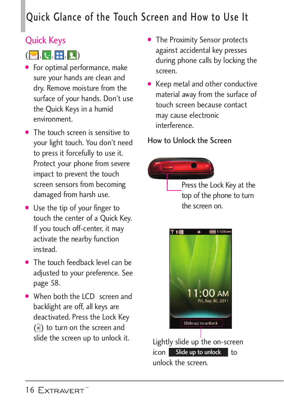 Quick glance of the touch sc, Quick glance of the touch screen and how to use it, Quick keys | LG VN271 User Manual | Page 18 / 270