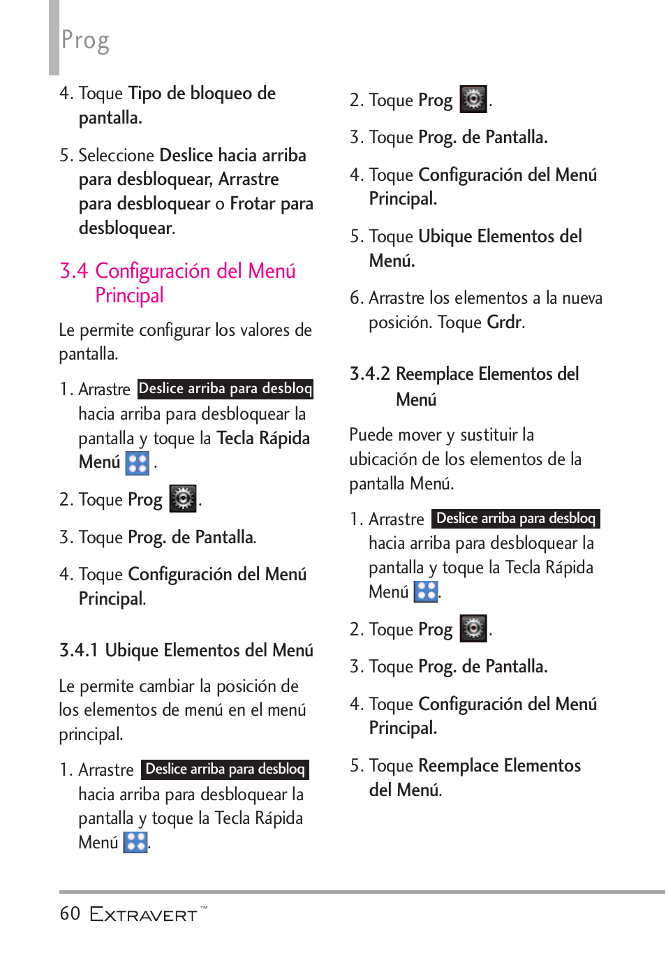 4 configuraci? del men, 1 ubique elementos del, 2 reemplace elementos d | 4 configuración del menú, Principal, 1 ubique elementos del, Menú, 2 reemplace elementos del, Prog, 4 configuración del menú principal | LG VN271 User Manual | Page 192 / 270