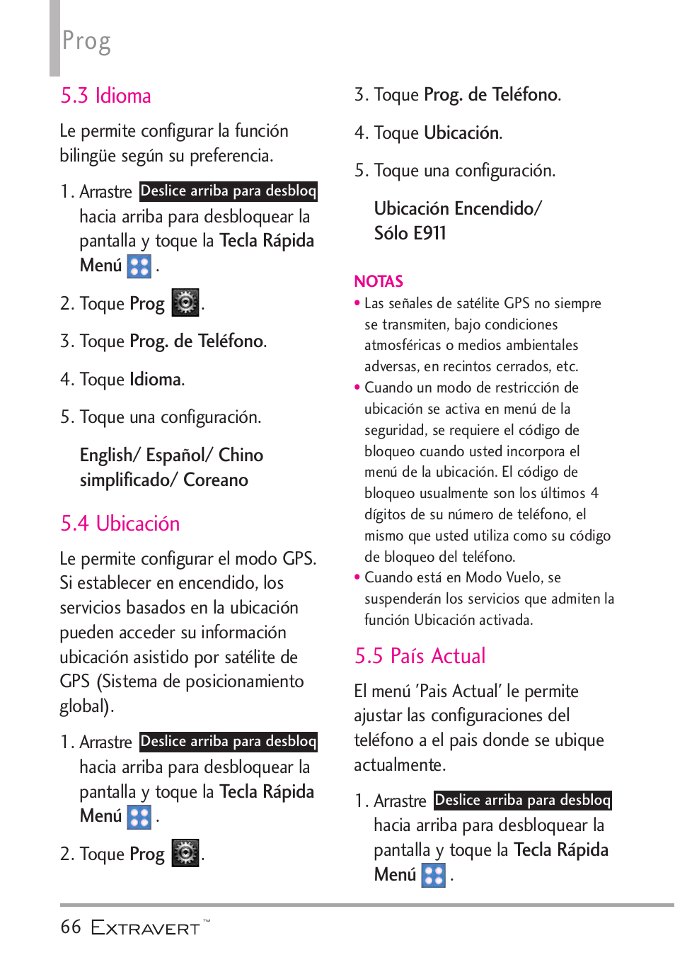 3 idioma, 4 ubicaci, 5 pa? actual | 4 ubicación, 5 país actual, Prog | LG VN271 User Manual | Page 198 / 270