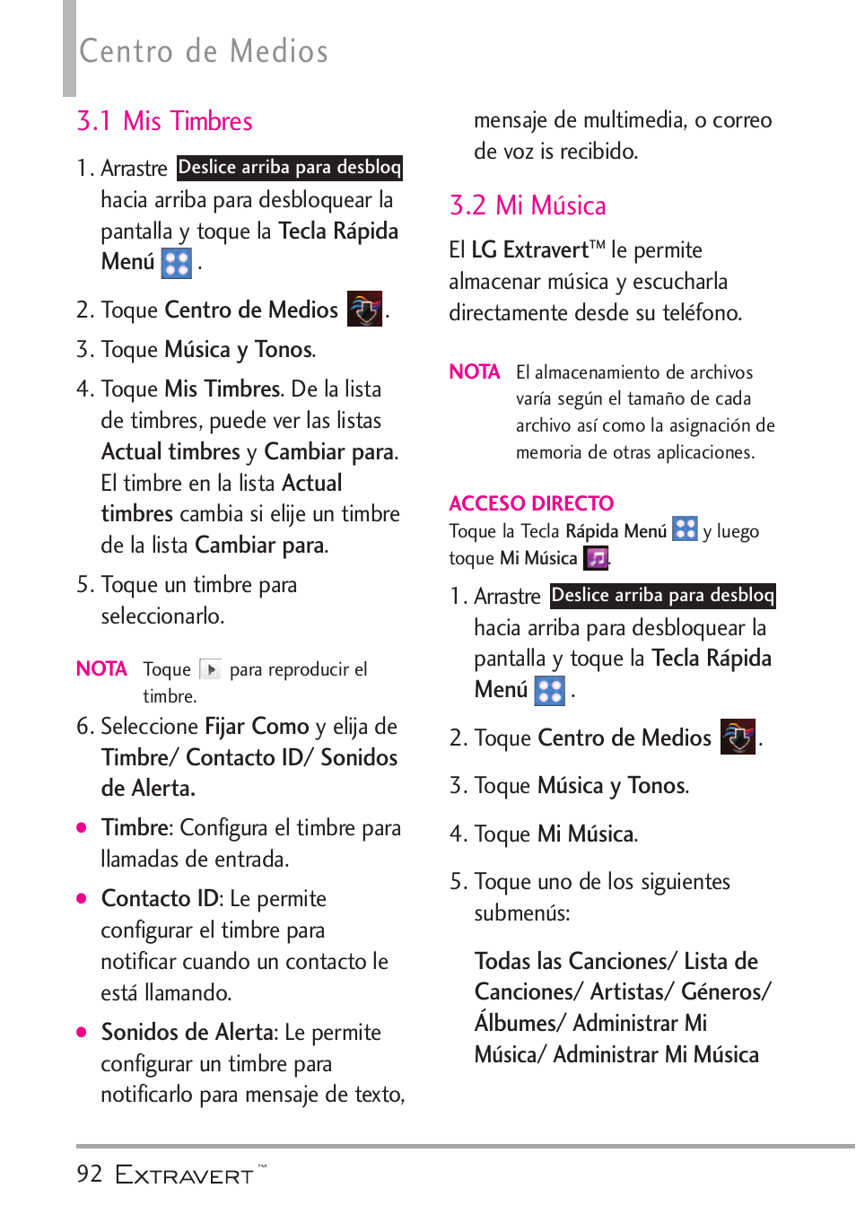 1 mis timbres, 2 mi m?ica, 2 mi música | Centro de medios | LG VN271 User Manual | Page 224 / 270
