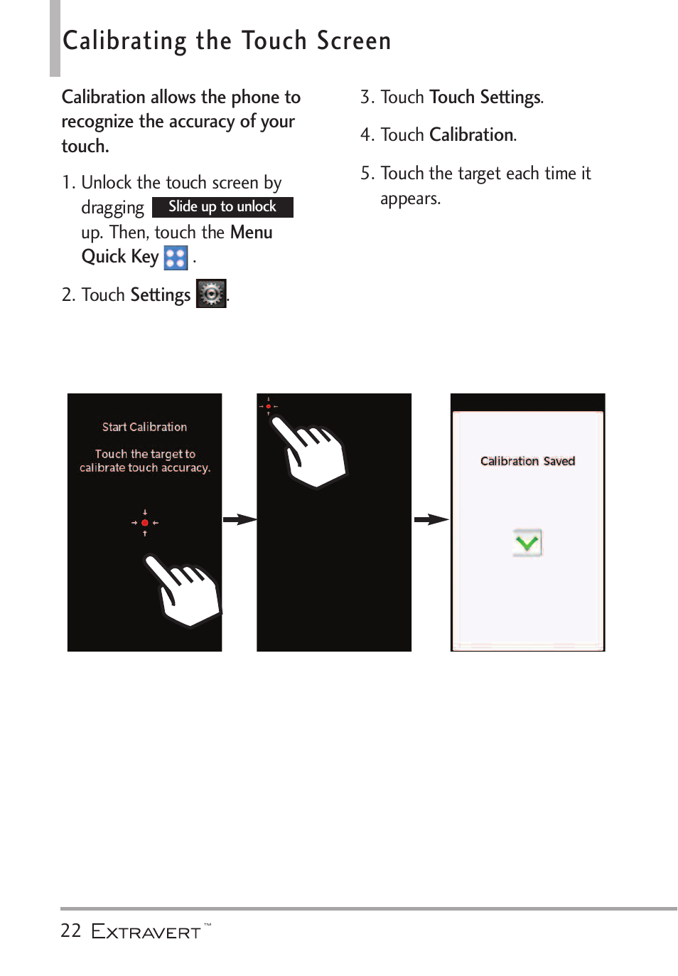Calibrating the touch screen, Calibrating the touch screen22 | LG VN271 User Manual | Page 24 / 270