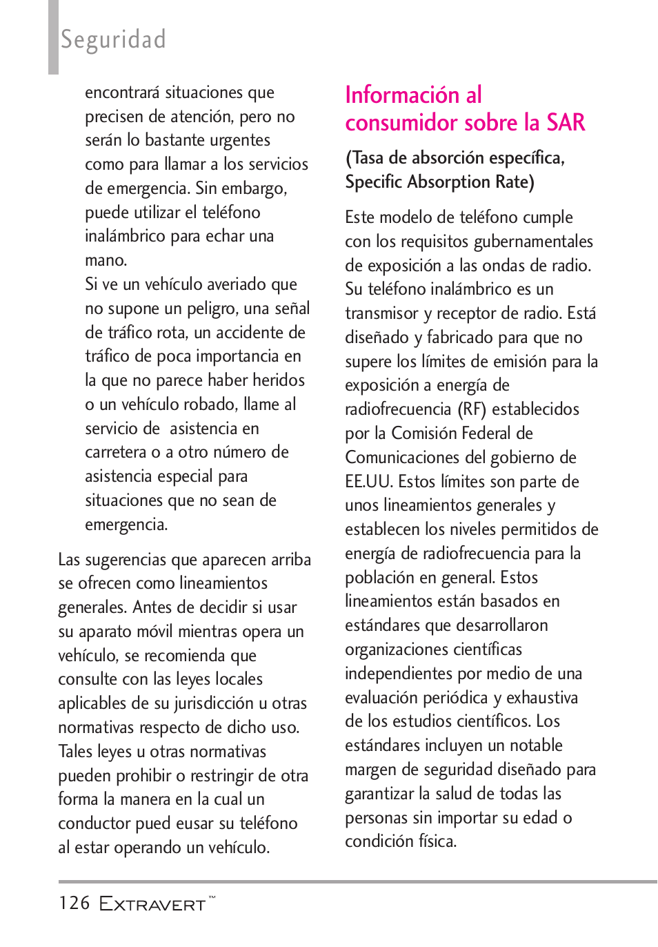 Informaci? al consumidor so, Información al consumidor sobre la sar, Seguridad | LG VN271 User Manual | Page 258 / 270