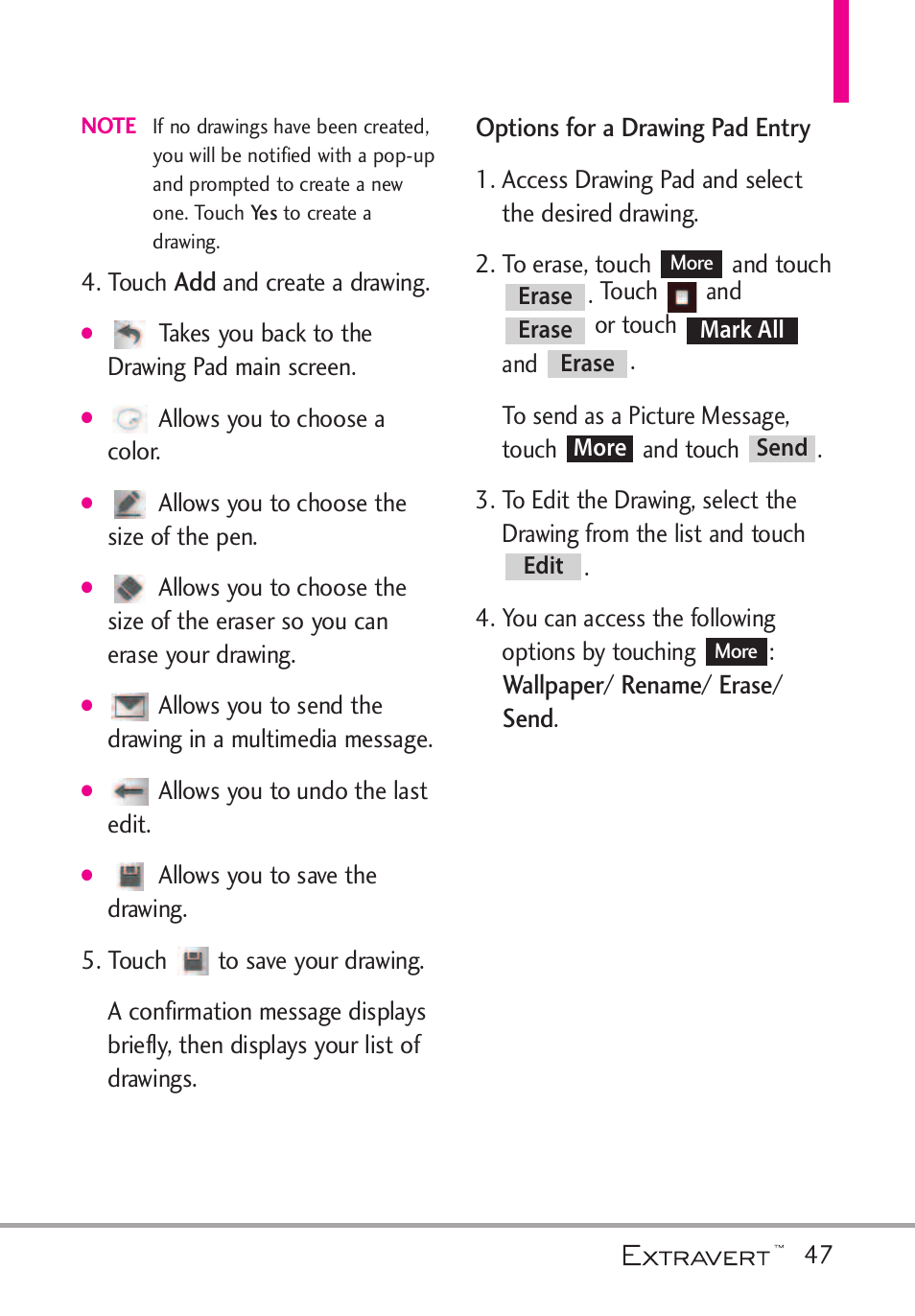 Options for a drawing pad entry | LG VN271 User Manual | Page 49 / 270