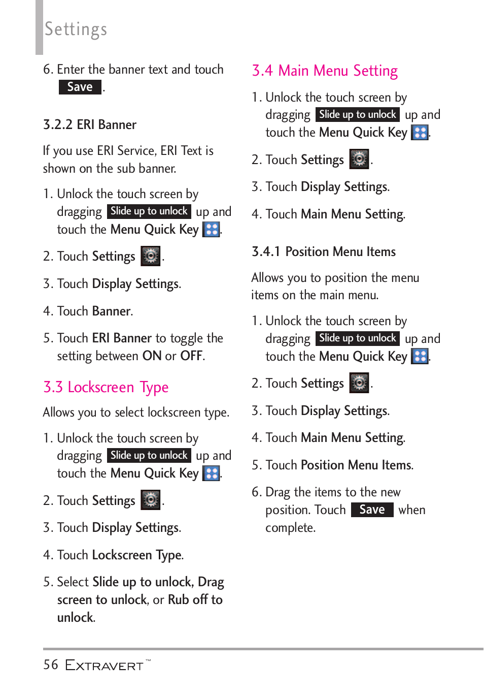 2 eri banner, 3 lockscreen type, 4 main menu setting | 1 position menu items, Settings | LG VN271 User Manual | Page 58 / 270