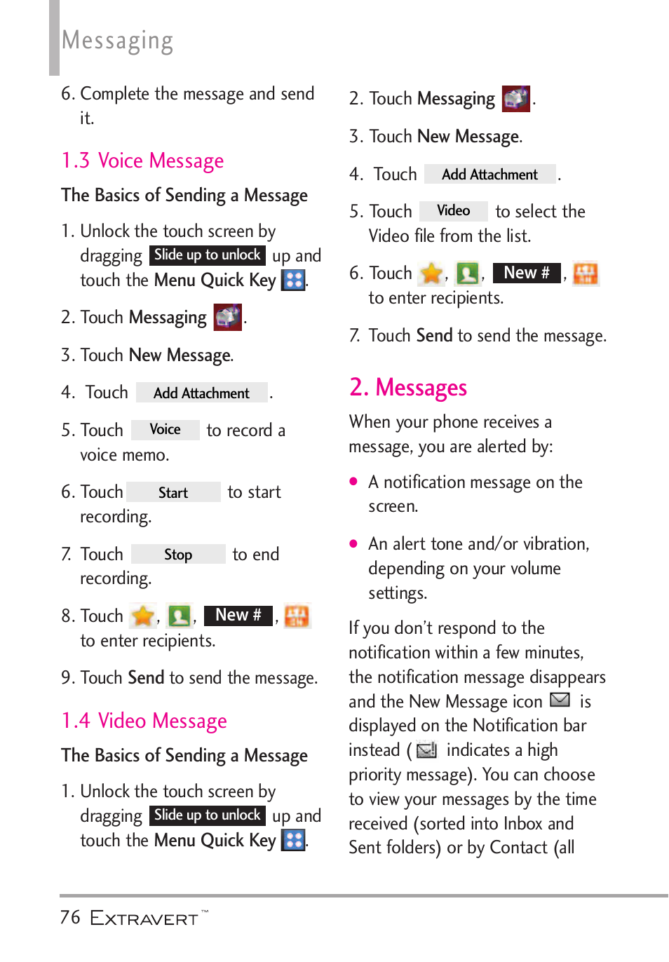 3 voice message, 4 video message, Messages | Messaging | LG VN271 User Manual | Page 78 / 270