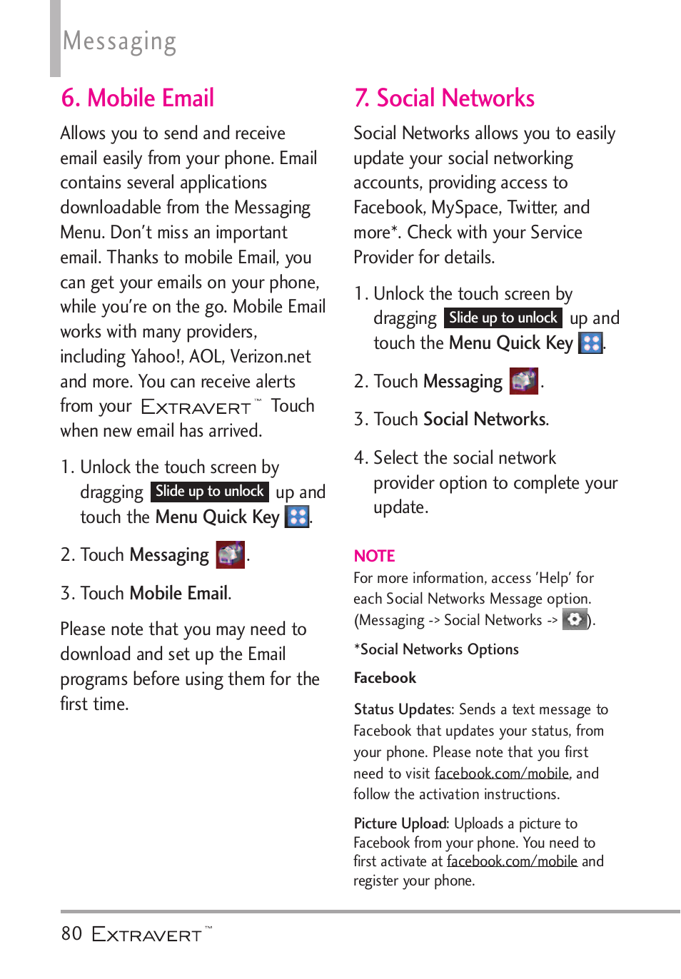 Mobile email, Social networks, Mobile email 7. social networks | Messaging | LG VN271 User Manual | Page 82 / 270