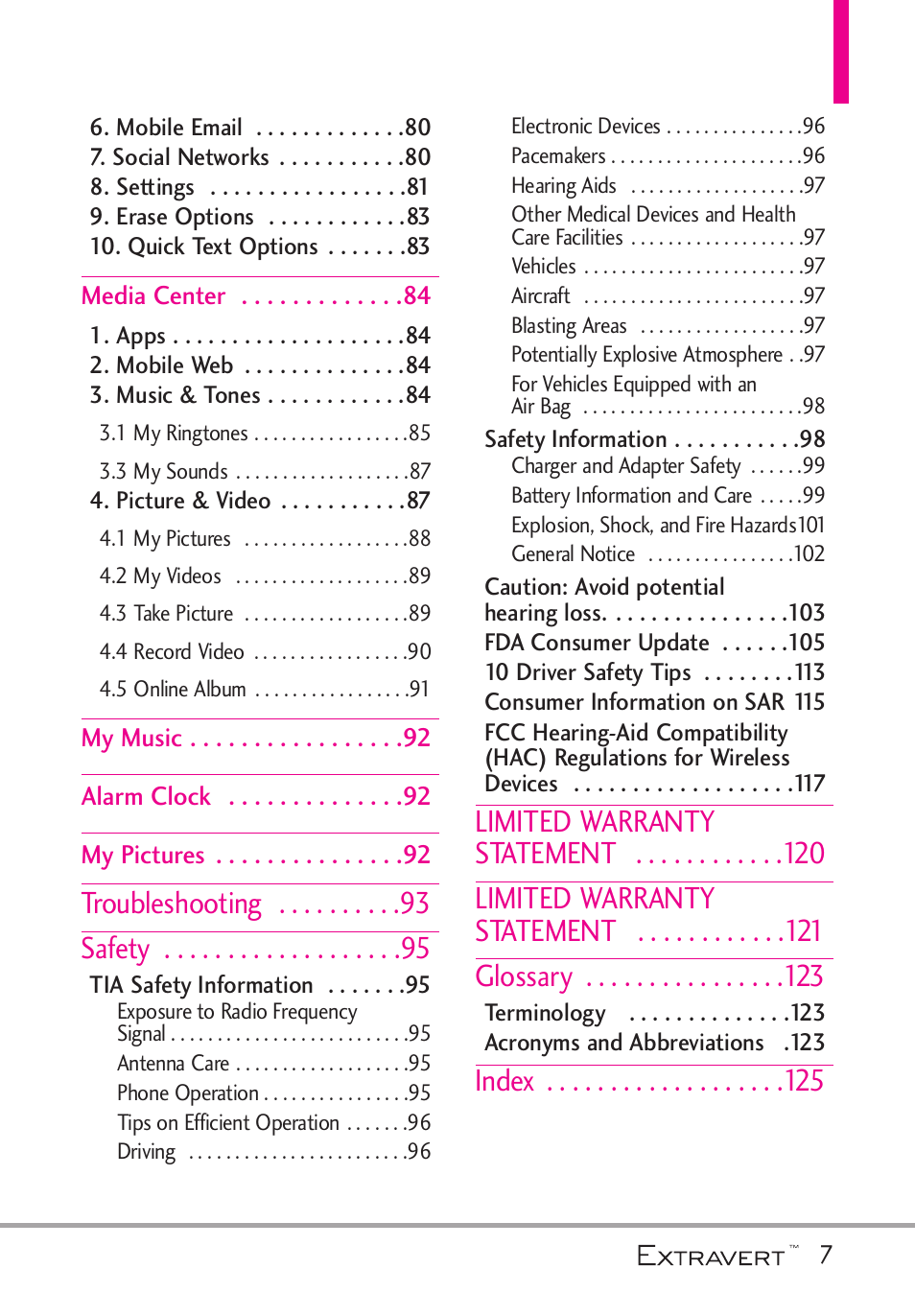 Troubleshooting safety, Index | LG VN271 User Manual | Page 9 / 270