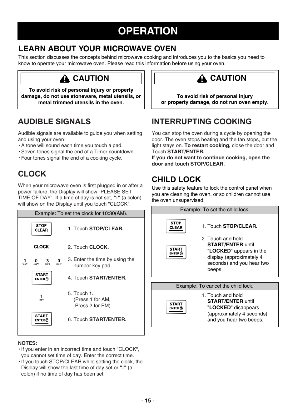 Operation, Learn about your microwave oven, Caution | Caution clock, Audible signals, Interrupting cooking, Child lock | LG LMVH1711ST User Manual | Page 15 / 48