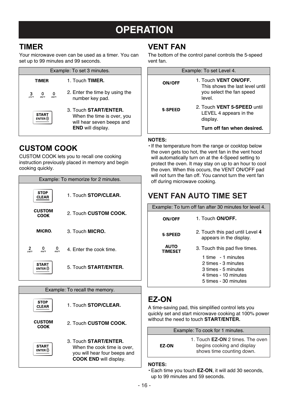 Operation, Vent fan auto time set, Ez-on | Vent fan, Custom cook, Timer | LG LMVH1711ST User Manual | Page 16 / 48