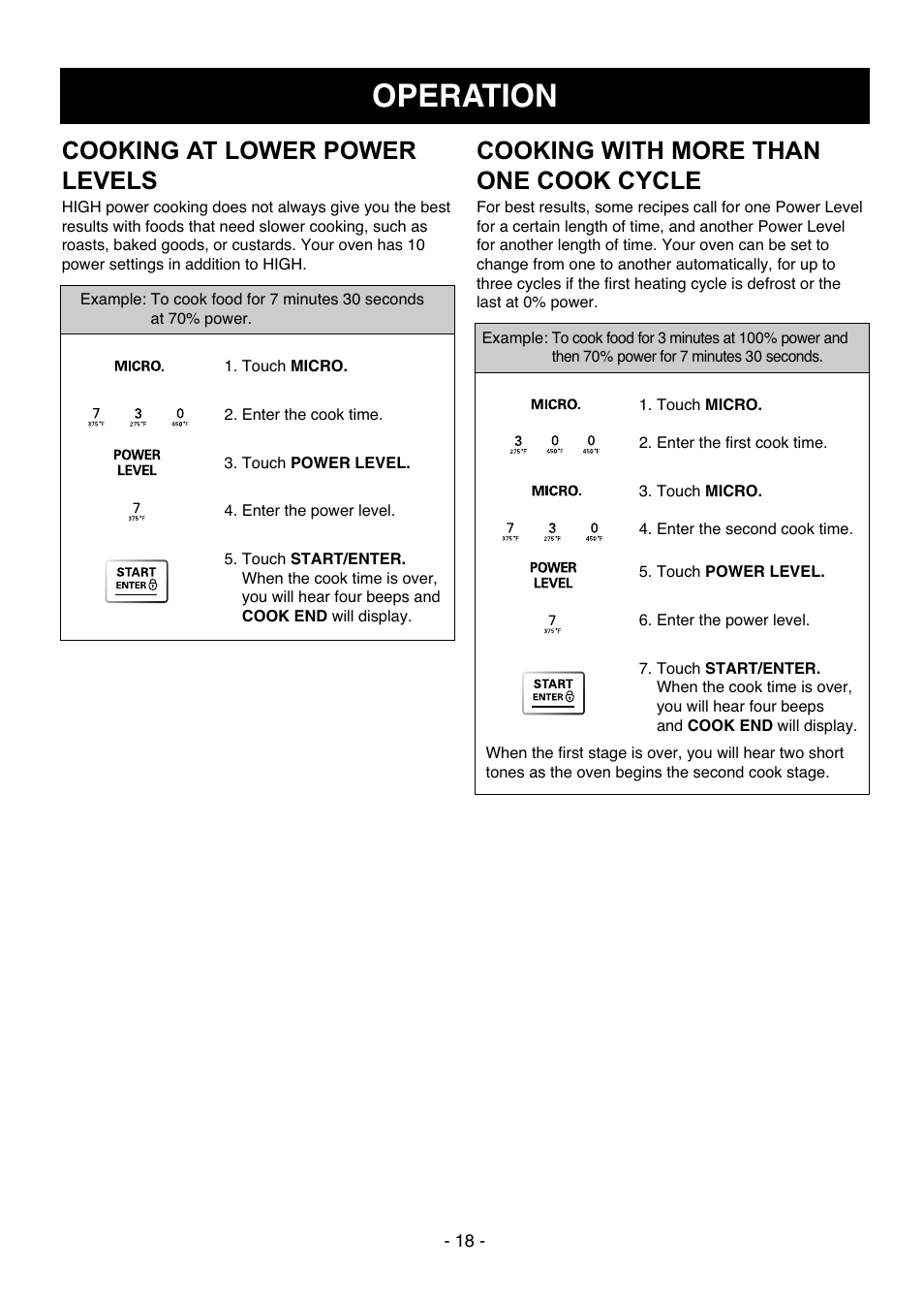 Operation, Cooking with more than one cook cycle, Cooking at lower power levels | LG LMVH1711ST User Manual | Page 18 / 48