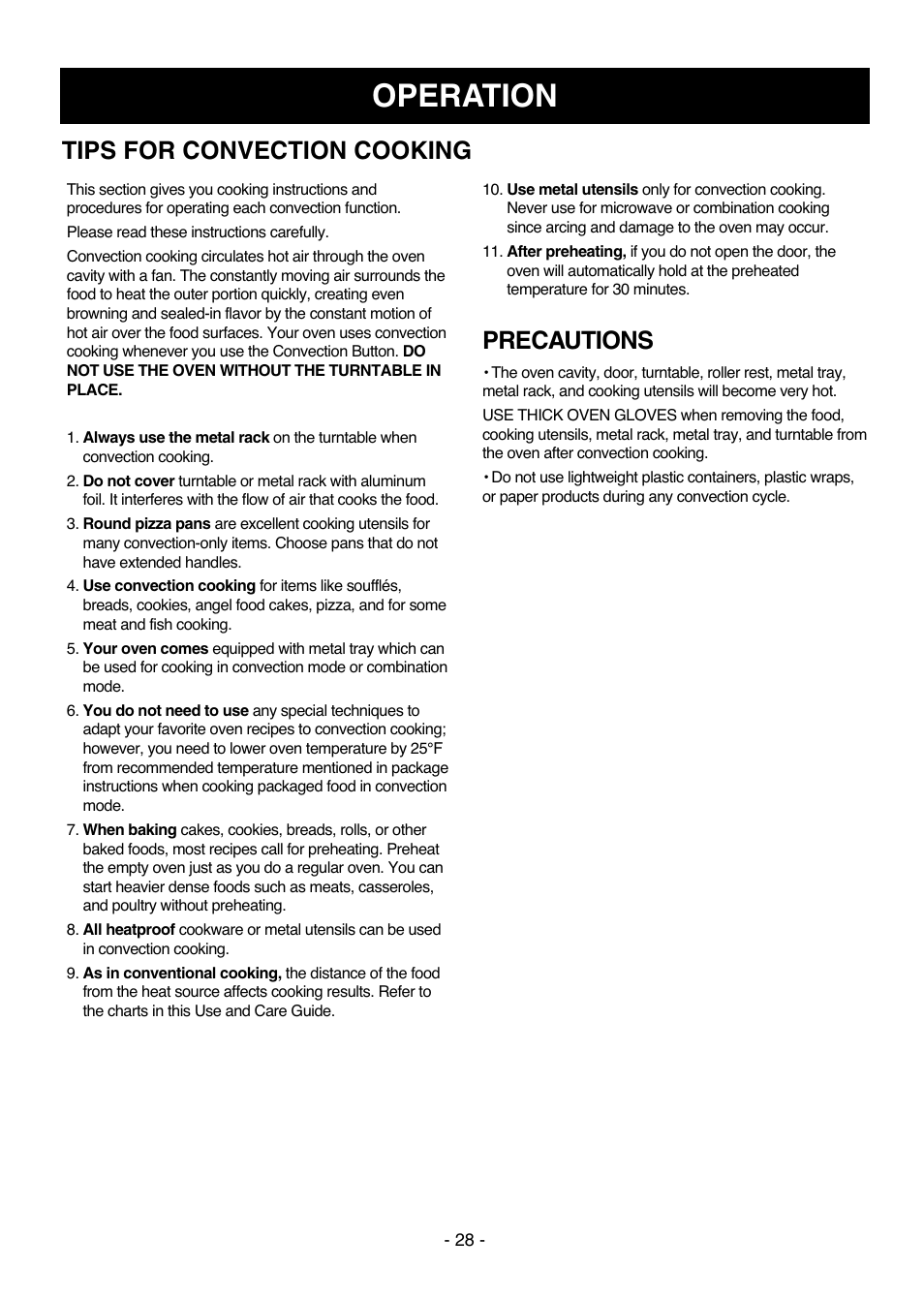 Operation, Precautions, Tips for convection cooking | LG LMVH1711ST User Manual | Page 28 / 48