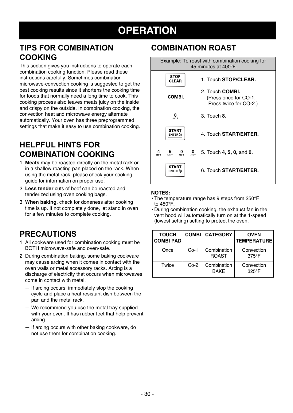 Operation, Combination roast tips for combination cooking, Precautions | Helpful hints for combination cooking | LG LMVH1711ST User Manual | Page 30 / 48