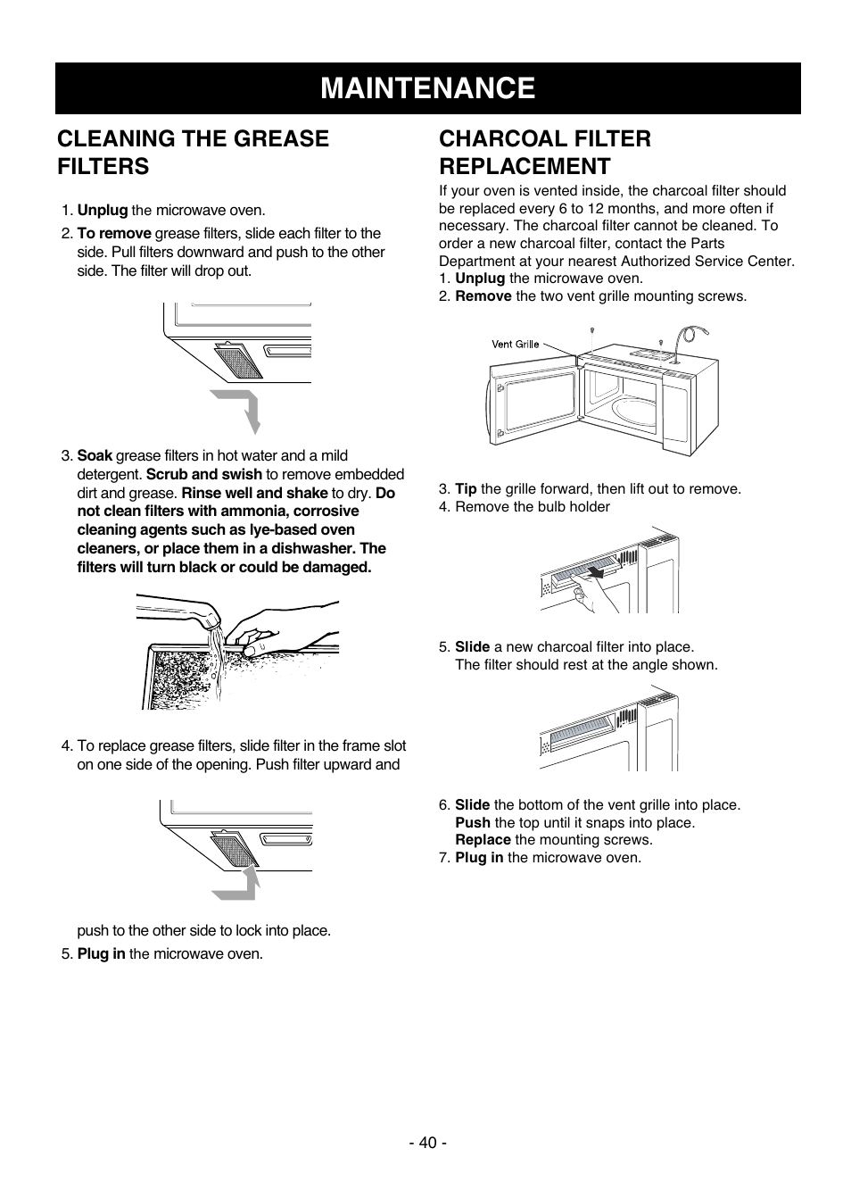 Maintenance, Cleaning the grease filters, Charcoal filter replacement | LG LMVH1711ST User Manual | Page 40 / 48