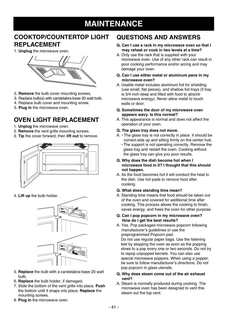 Maintenance, Oven light replacement, Cooktop/countertop light replacement | Questions and answers | LG LMVH1711ST User Manual | Page 41 / 48