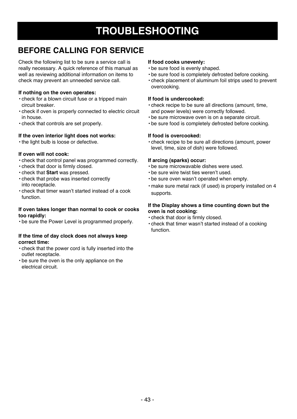 Troubleshooting, Before calling for service | LG LMVH1711ST User Manual | Page 43 / 48