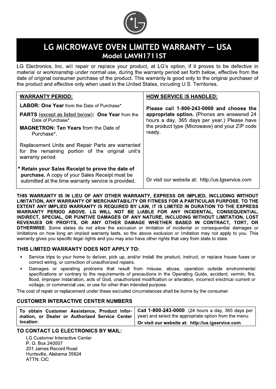 Model lmvh1711st | LG LMVH1711ST User Manual | Page 47 / 48