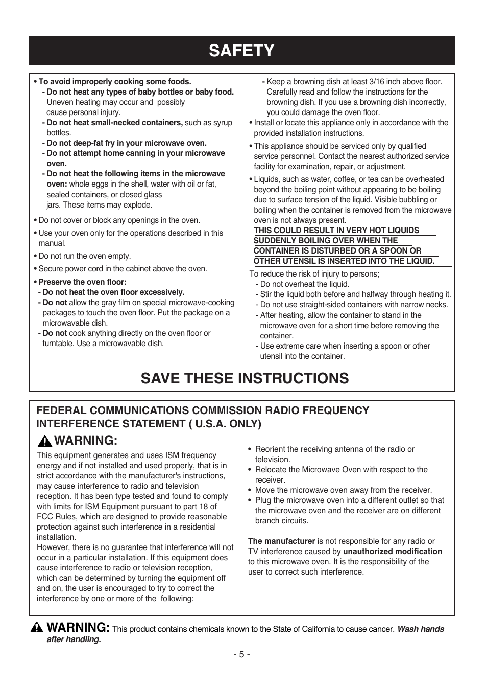 Safety, Save these instructions, Warning | LG LMVH1711ST User Manual | Page 5 / 48