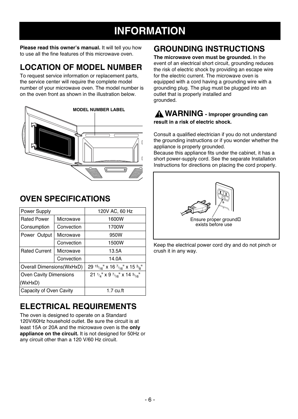 Information, Location of model number, Oven specifications electrical requirements | Grounding instructions, Warning | LG LMVH1711ST User Manual | Page 6 / 48