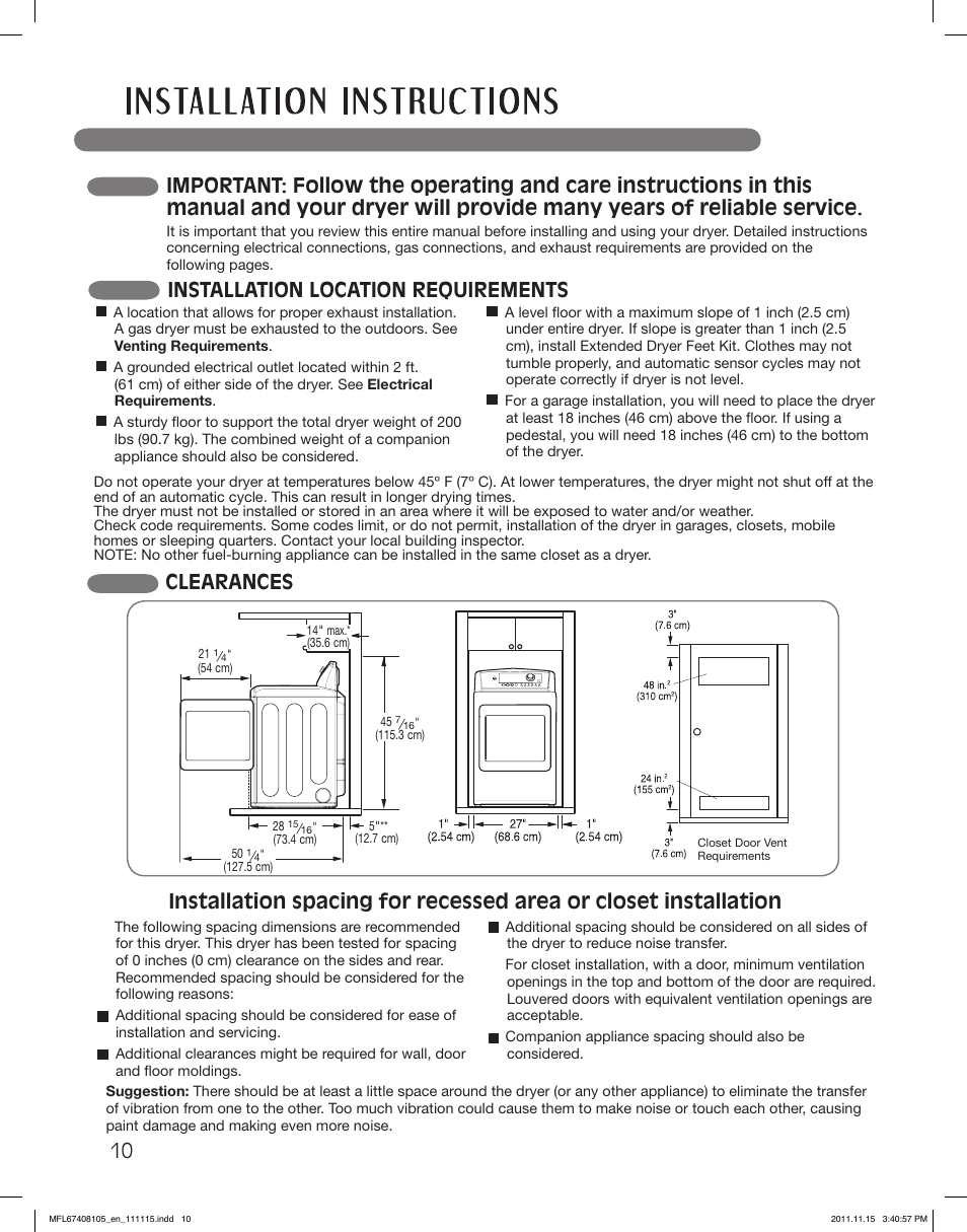 Installation location requirements | LG DLEX5101V User Manual | Page 10 / 92