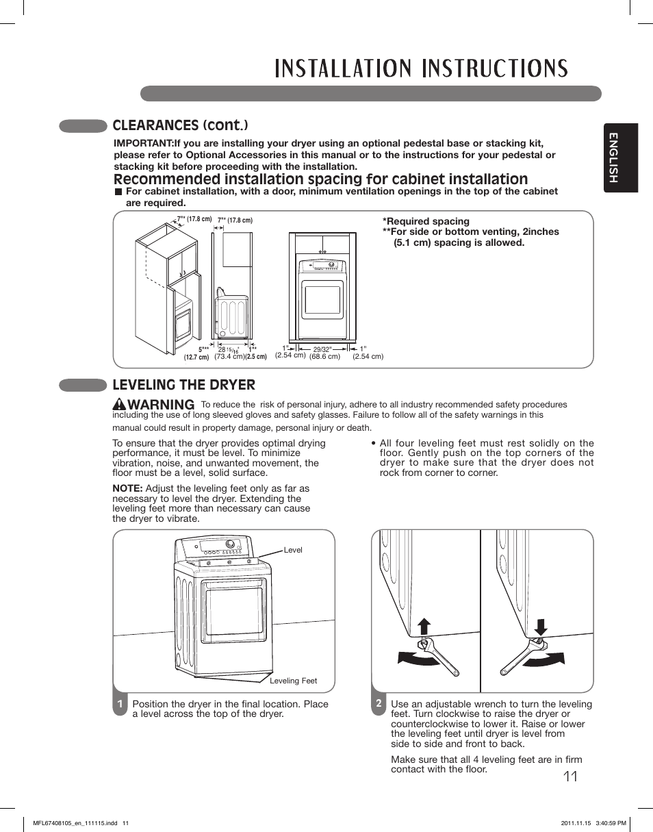 Leveling the dryer, Warning, Clearances (cont.) | English | LG DLEX5101V User Manual | Page 11 / 92