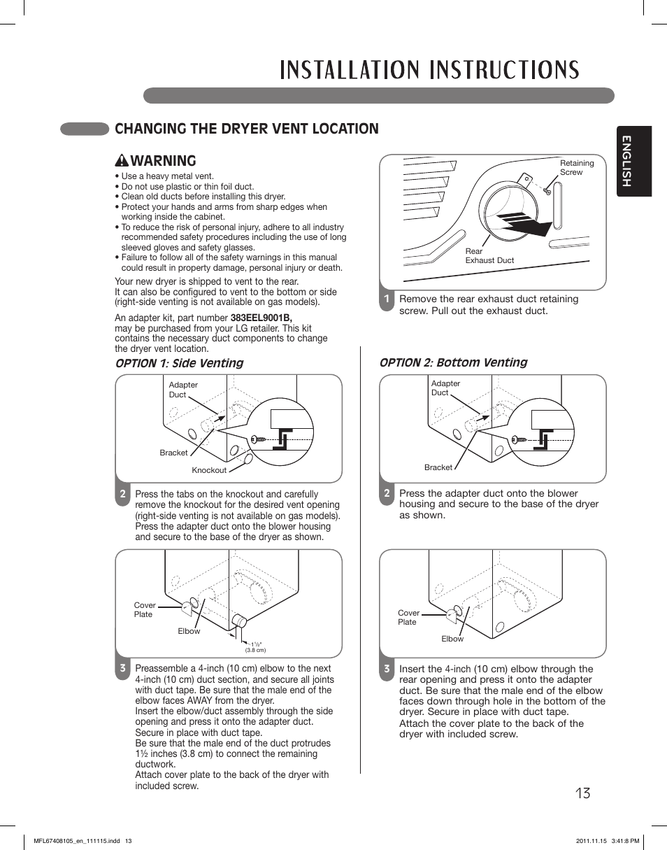 13 changing the dryer vent location, Warning, English | LG DLEX5101V User Manual | Page 13 / 92
