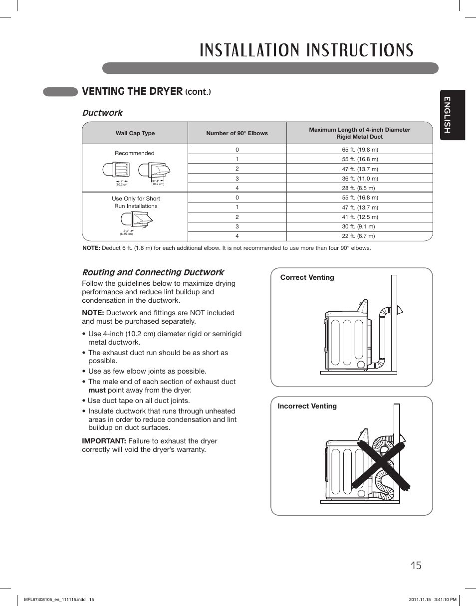 Venting the dryer, English, Routing and connecting ductwork | Ductwork | LG DLEX5101V User Manual | Page 15 / 92