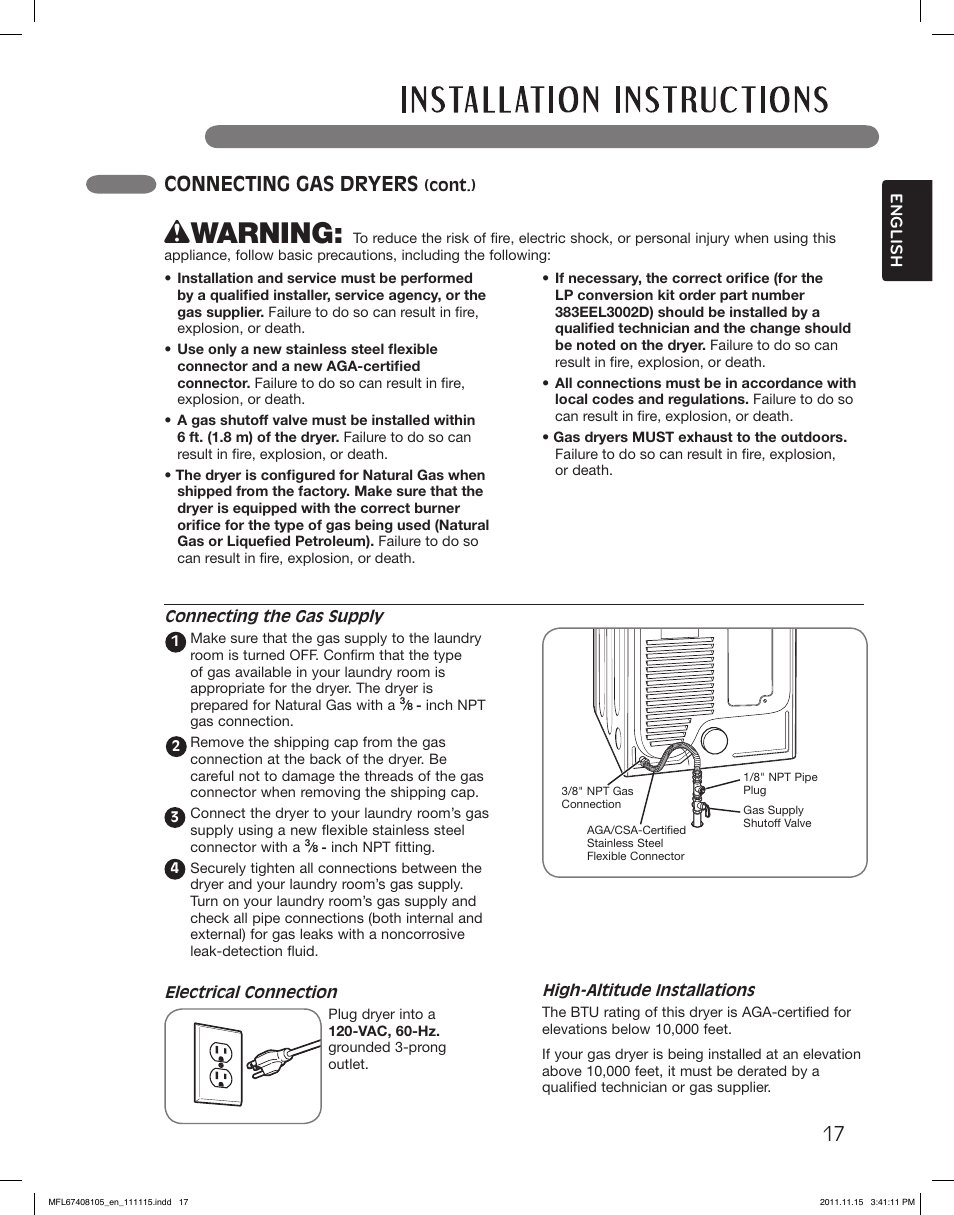 Wwarning, Connecting gas dryers | LG DLEX5101V User Manual | Page 17 / 92