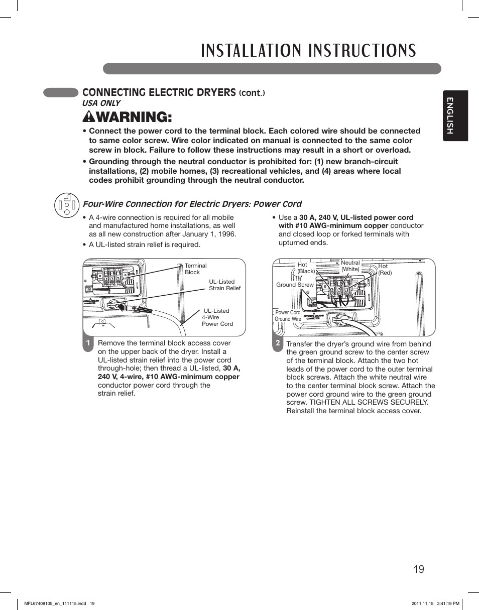 Wwarning, Connecting electric dryers | LG DLEX5101V User Manual | Page 19 / 92