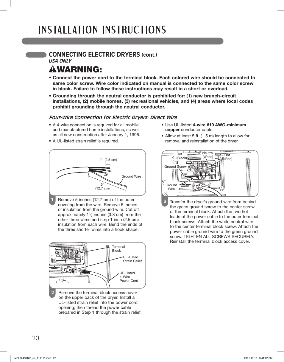 Wwarning, Connecting electric dryers | LG DLEX5101V User Manual | Page 20 / 92