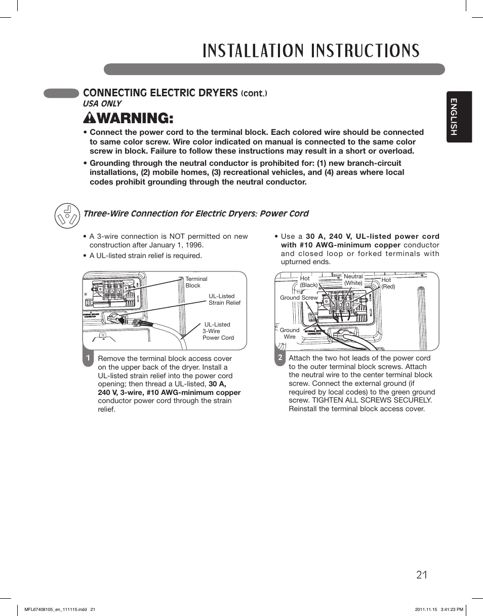 Wwarning, Connecting electric dryers | LG DLEX5101V User Manual | Page 21 / 92
