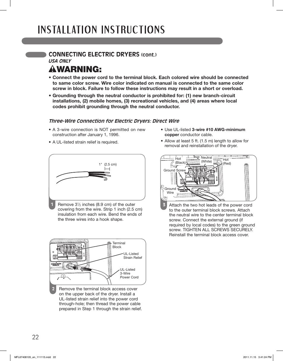 Wwarning, 22 connecting electric dryers | LG DLEX5101V User Manual | Page 22 / 92