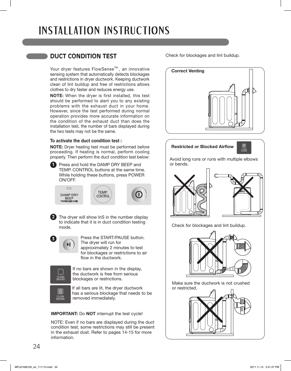 Duct condition test | LG DLEX5101V User Manual | Page 24 / 92