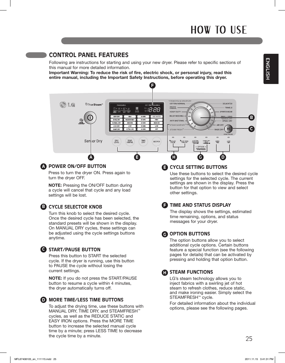 Control panel features | LG DLEX5101V User Manual | Page 25 / 92