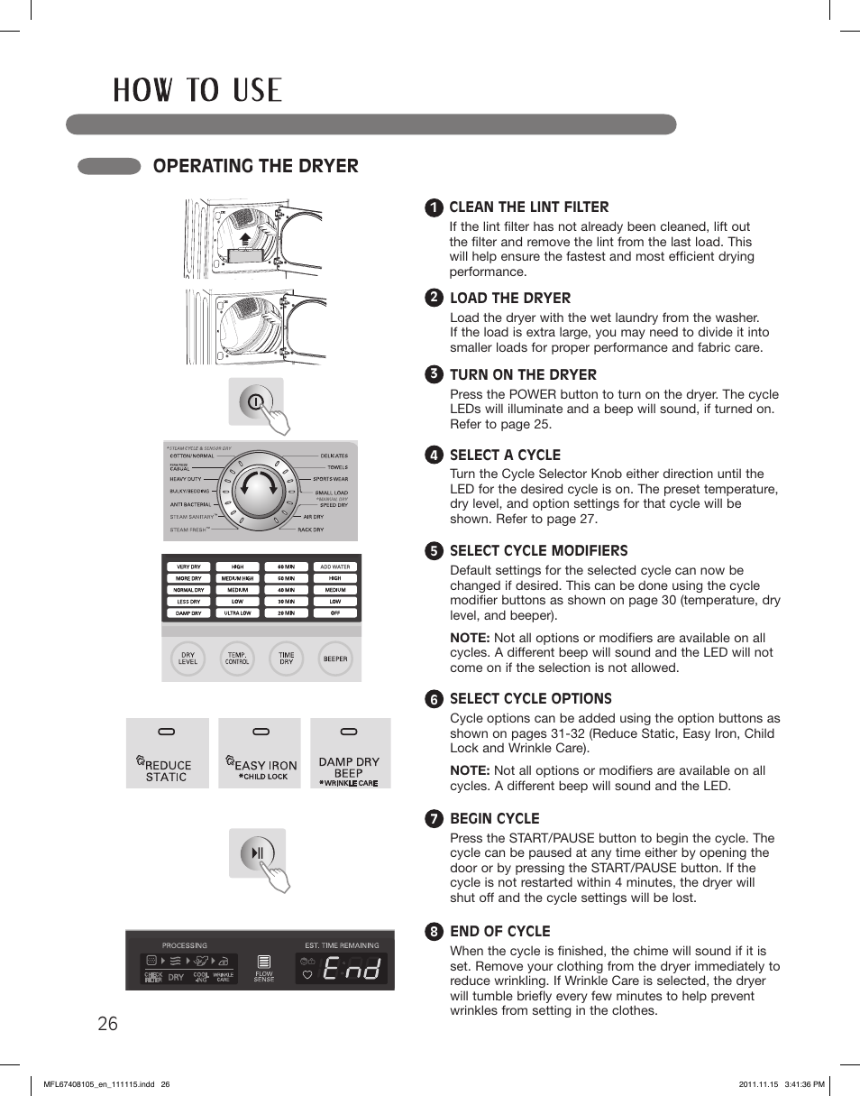 Operating the dryer | LG DLEX5101V User Manual | Page 26 / 92