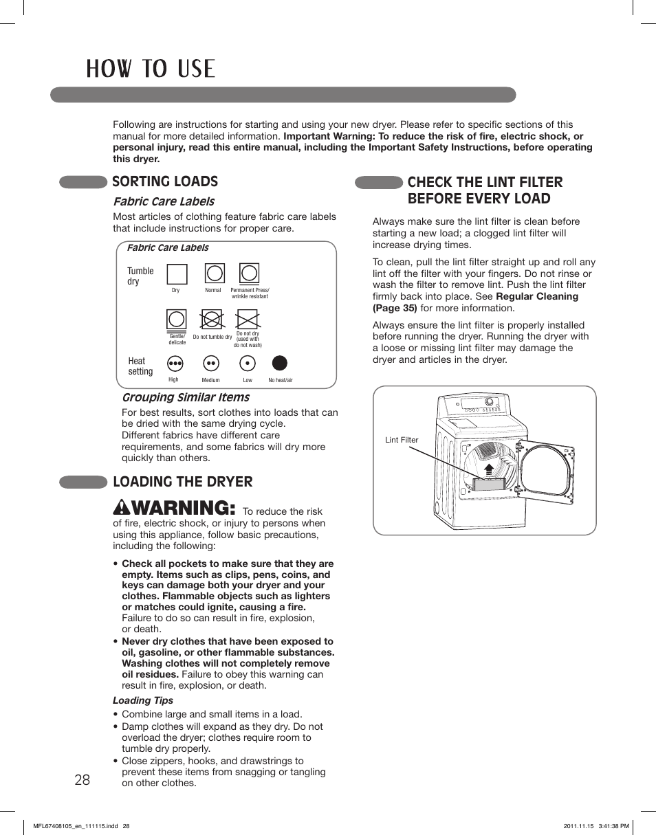 Wwarning, Sorting loads, Check the lint filter before every load | Loading the dryer | LG DLEX5101V User Manual | Page 28 / 92
