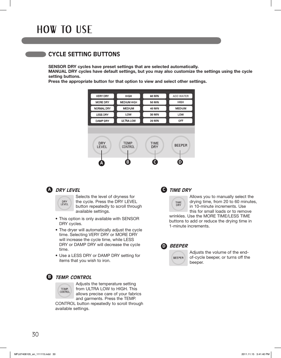 Cycle setting buttons | LG DLEX5101V User Manual | Page 30 / 92